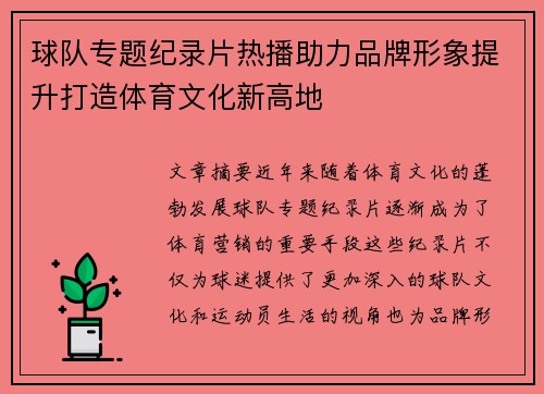 球队专题纪录片热播助力品牌形象提升打造体育文化新高地